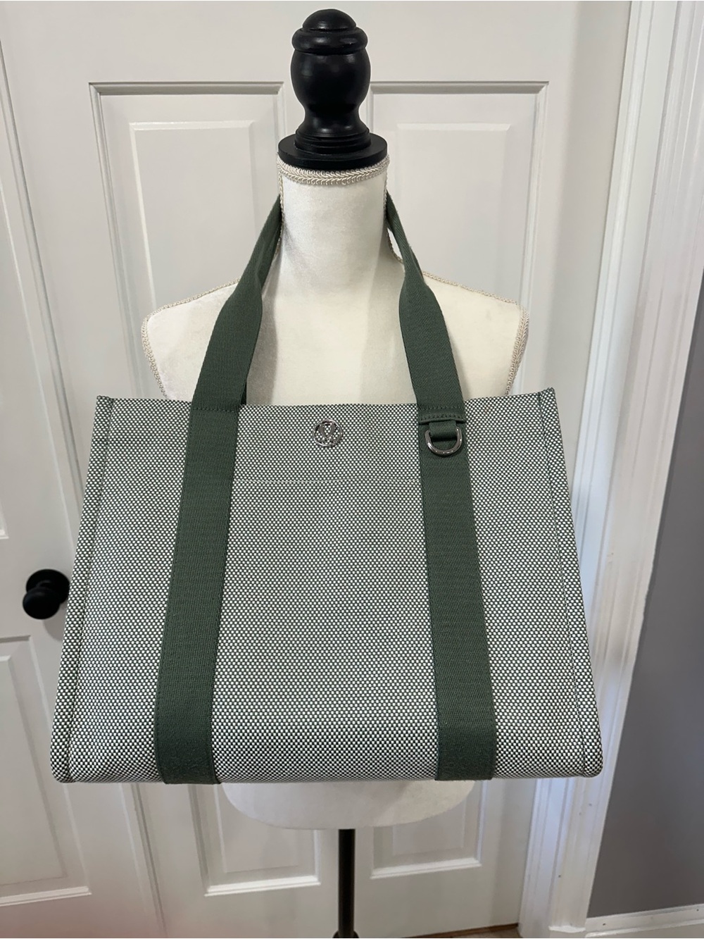 lululemon athletica White and Green Woven Canvas Tote